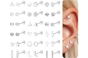 CASSIECA 18 Pares Pendientes Cartílago Oreja de Acero Inoxidable para Mujeres Hombres Pendientes Corazon Estrellas Luna Flor CZ Piercing Conch Tragus Helix Piercing Joyería Plata Oro