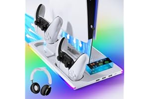 ZHWIDNERSO Support PS5 Slim avec Ventilateur de Refroidissement à 3 Vitesses, 3 Ports USB Chargeur Manette, Indicateur RVB - pour PlayStation 5 Digital/Disc Edition