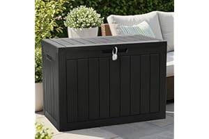 Olsen & Smith 170L Lockable Outdoor Garden Plastic Storage Box Container Chest - Small Lawn Balcony Furniture, Weather Resistant, Wood Panel Effect (Black)