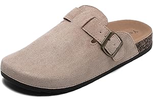 FOINLEDR Suede Clogs Women Leather Mules Men Soft Cork Footbed Adjustable Buckle with Arch Support Closed Toe Sandals Potato Shoes Anti Slip Unisex