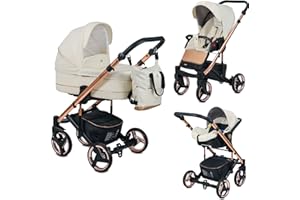 EMJOT Poussette Combinée Trio 3 en 1 Neri Edition Exclusive RoseGold "Summer Sky" Vanille – Landau, poussette promenade, siège auto "i-Size" Groupe 0+ - Avec ses accessoires.