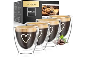 ElbFuchs® Tasse double paroi espresso [4x 80ml] IDÉE CADEAU avec COEUR | Tasse espresso transparente | Verre double paroi | Tasse à café original | Tasses à expresso double paroi
