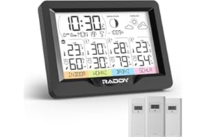 Raddy WF-60M Stazione meteo radio con 3 sensori esterni, termometro e umidità, barometro, nomi sensori fai da te, previsioni e orologio atomico DCF