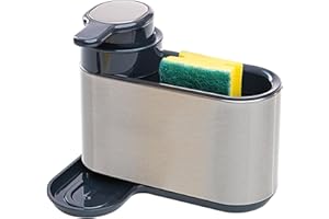 Erreke Dispenser Sapone Cucina, Porta Sapone Cucina con Porta Spugna, in Acciaio Inossidabile, Dosatore Detersivo Piatti Lavello da Cucina, Argento
