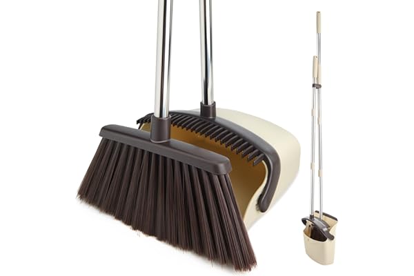 XXFLOWER Broom and Dustpan Set, Dustpans with Broom Combo for Home, Heavy Dust Broom and Dustpan Combo, Long Handle Dust Pan and Broom Set for Kitchen, Office, Pet Hair Beige
