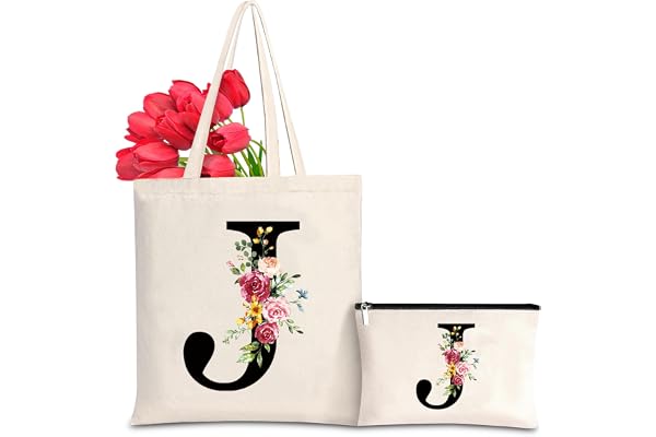 Sinekong Sac Fourre-tout en Toile avec Initiale Fleur, Sac Tote bag en Toile Trousse de Maquillage Personnalisés Idéal pour Mariage, Anniversaire, Plage, Vacances, Cadeau Parfait pour Femmes Amis