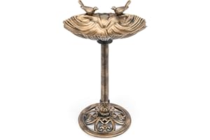 CHRISTOW Plastic Resin Bird Bath for Garden, Clam Shell Pedestal Birdbath, Traditional Style, Rustic Metal Effect, Standing Outdoor Water Bowl Feeder, 80cm x 50cm x 38cm (Bronze)