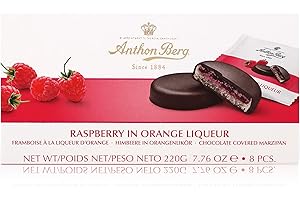 ANTHON BERG Pasta de mazapán con relleno y revestimiento de chocolate Anton Berg – frambuesa en naranja (8 unidades/220 g) Especialidad danesa