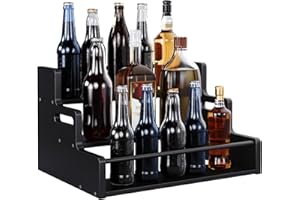 Fibogollo Liquor Bottle Display Shelf,3 Step Countertop Wine Rack,Coffee Syrup Rack Organizer,Small Wine Rack for Family,Storage for Wine, Mini Bar Shelf Stand for Whiskey,Spirits（Black）