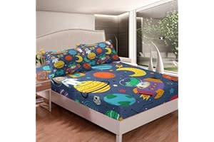 HOMEMISSING Cartoon Astronaut Space Rocket Bedding Sheet Galaxy Cosmonaut Spaceman Fitted Sheet for Boys Girls Kids Single Size