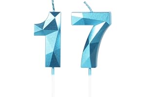 Yiran Niebieskie świece urodzinowe dla 17 lat, 3D numer 17 świece, złote świece, świeczki urodzinowe do ciasta, świece urodzinowe, dekoracje do tortu na przyjęcie urodzinowe, ślub