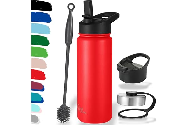 Milu Bouteille en acier inoxydable 500ml, 750ml, 1l (+3 couvercles) - Bouteille thermo avec paille, bouteille d'eau, pour boissons chaudes, froides et gazeuses (Rouge, 500ml)
