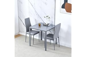 NICEME Dining Room Set, Grey Glass Dining Table with Chairs, 75x75 cm Square Glass Table and Chairs for Small Room (Table with 2 Chairs, Grey Faux Leather), ED-6018