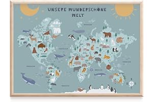 MeinBaby123® Weltkarte für Kinder | Tierweltkarte DIN A2 | Kinderzimmer Bilder | Lernposter | Weltkarte für das Kinderzimmer mit Tieren | Premium Qualität (Weltkarte - blau)