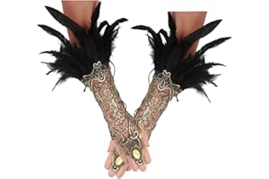 Keland Guantes Largos Negros de Plumas Para Mujeres - Disfraz de Maléfica, Vestidos de Fiesta de Halloween, Encaje Sin Dedos