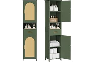 Homhedy 67"H Tall Bathroom Storage Cabinet with Rattan Decorated Door and Drawer, Narrow Storage Unit, Adjustable Shelves, Floor Cabinet for Bathroom, Living Room, Kitchen, Green and Natural, (15.7"W)