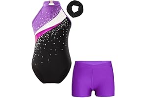 Oyolan Enfant Fille Justaucorps Gymnastique Strass Imprimé avec Short Gym Danse Patinage Entraînement Performance Costume Spectacle 5-16 Ans