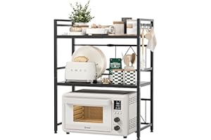 NETEL Expandable Microwave Shelf,3 Tier Microwave Stand with 8 Hooks,air fryer shelf stand,Microwave Oven Rack, Desktop Printer Shelf Rack, Bakers Rack,Kitchen Countertop Organiser Shelves