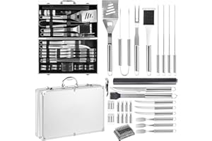 FREEAMG 30Pcs Ustensiles Barbecue en Acier Inoxydable, Kit Barbecue Professionnel pour Homme, Set Barbecue de Haute Qualité pour Camping avec Un Étui en Aluminium