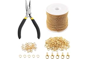 Keadic 102Pcs 30 Feet Jewelry Making Chains Kit W 3mm Metal Necklace Twisted Links Chain, Lobster Clasps, Open Jump Rings and Jewelry Pliers for Bracelet Earring Anklet DIY (Gold)