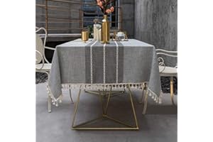 Lifetooler Tovaglia di Cotone Lavabile in lino Tassel Tovaglia Antipolvere per la Decorazione della Cucina a Buffet da Pranzo (Strisce Grigie, Rettangolare/ovale, 140x260cm, 8-10 posti a sedere)