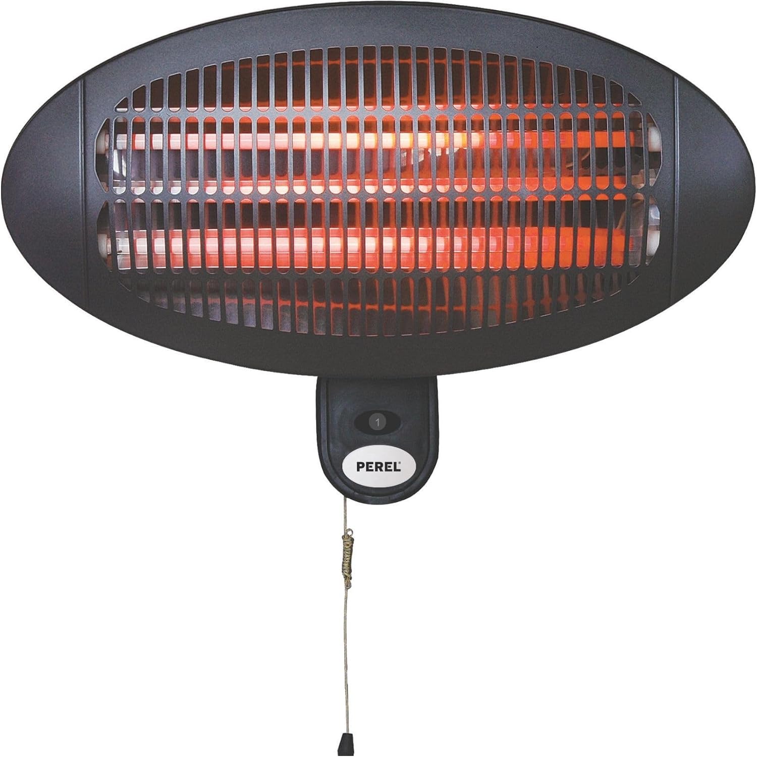 Perel Calefactor de terraza 2000W cuarzo, IP34 resistente al agua, montaje mural con cordón, 3 niveles de calor, inclinable 45°, calefactor exterior para terraza balcón porche jardín negro