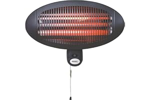 Perel Chauffage de terrasse, 2000 W, quartz, montage mural, avec cordelette, résistant aux projections d'eau, 3 niveaux de chauffe, métal, noir, matériel de montage inclus