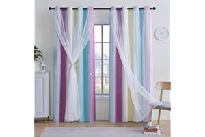ACCMUZZY 2 Panels Blackout Curtains for Bedroom,Double Layer Kids Curtain,Star Window Colorful Rainbow Curtain,Girl children Eyelet Curtains for Bedroom,Living Room,Nursery Room (Blue&Purple&Yellow, W52×L63)