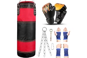 Odoland Sac de Frappe Professionnel avec Gants de Boxe 6OZ, Protège-Poignet, Chaînes et Suspension Support Plafond, Sac Boxe sans Sables Rempli Lourd MMA Muay Thai Kickboxing pour Enfants Adolescents