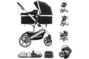 Kakbgee 3-in-1 Pram Travel System, Pushchair Travel System with ECE R129 Car Seat, Height Adjustable Handle Baby Pram, High View Aluminum Frame Baby Stroller for Newborn, Balck(0-4Years, 22KG)