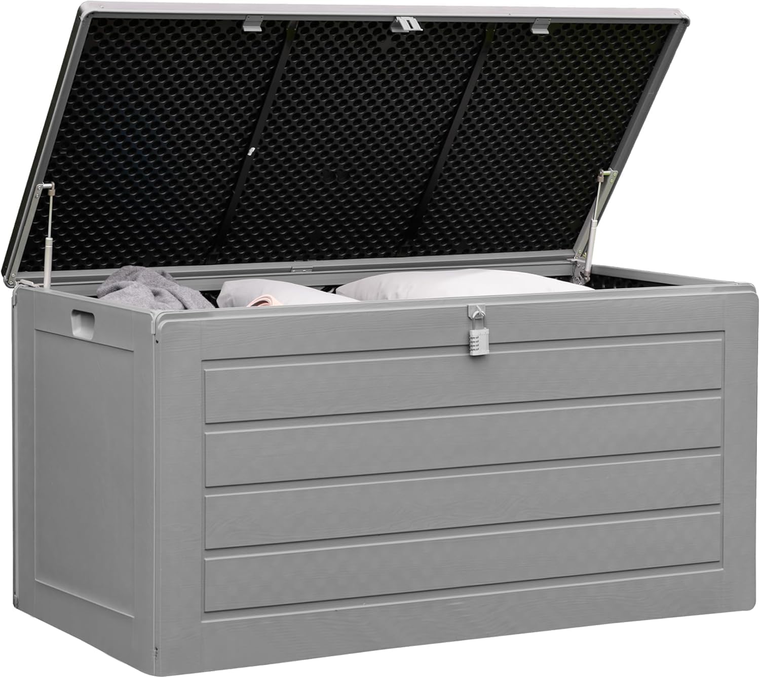 Olsen & Smith 680L XL Outdoor Garden Storage Box, Weatherproof Wood Effect Outdoor Storage Box, Lockable Large Storage Box with Lid, Padlock, Seat, Storage Boxes with Lids, Anthracite, 146 x 71 x 75cm