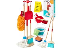Atoylink Set Pulizia Bambini Giocattolo, 9 Pcs Giocattoli di Pulizia in Legno per Bambini con Scopa Paletta Mops Spazzola, Gioco Educativo per Bambini 3 4 5 6 Anni