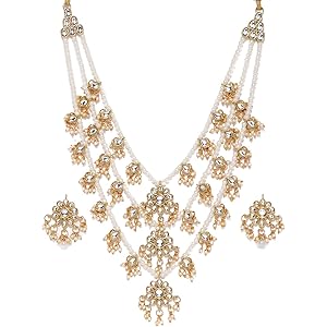 ZAVERI PEARLS Ethnic Kundan & Pearls Multi Layers Bridal Necklace Set For Women-ZPFK8689