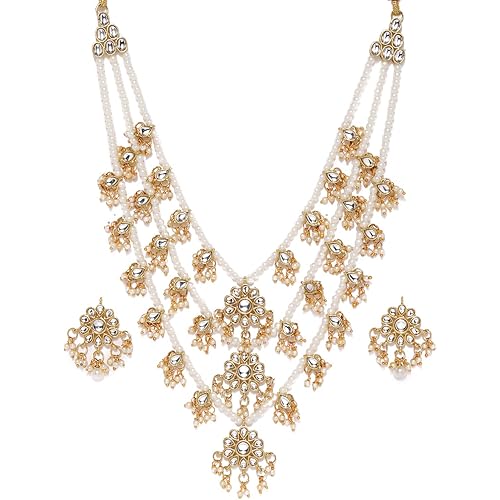 ZAVERI PEARLS Ethnic Kundan & Pearls Multi Layers Bridal Necklace Set For Women-ZPFK8689