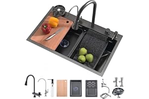 Bokaiya Évier de Cuisine, Cascade Multifonction, Evier de Cuisine à Comptoir Raindance Professionnel Lavabo Acier Inoxydable avec Lave Verre & Robinet Extractiblen Haute Pression Noir 85x50 cm