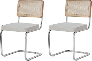 BenyLed Pack 2 Sillas de Comedor Estilo Nórdico Silla Escandinava; Sillas de Cocina Modernas con Respaldo de Madera Maciza de Ratán y Asiento Tapizado (Blanco Polar)