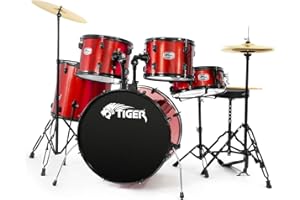 TIGER DKT28-RD Full Size Acoustic Drum 22" Bass Drum Kit with Stands Stool Sticks & Cymbals - Red