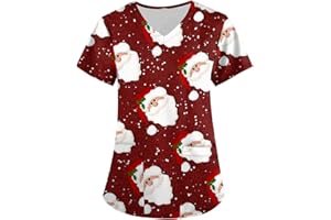 Saymany Weihnachten Kasacks Damen Pflege Krankenpfleger Uniformen Nurse Schlupfjacke V-Ausschnitt Berufskleidung Arzt Uniform Nurse Kasack Top Kurzarm Mit Tasche Xmas Motiv Uniform Pflegebekleidung