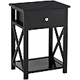 HOMCOM End Table, Sofa Side Table with Drawer X Bar Bottom Storage Shelf, Nightstand Bedside Table for Bedroom or Living Room Black
