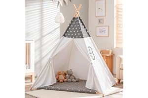 Sumbababy Tipi Enfant Teepee Indien : Coton Enfants Tente Jouent Tente Intérieure Extérieure Portable Maison de Jeu pour Garçons Filles Jeux D'intérieur et D'extérieur (Gris et Blanc Cassé)