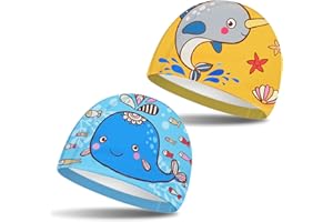 PEUTPY Juego de 2 Gorro de Baño,Gorros de Natación de Niños Lindos Gorro de Natación de Dibujos Animados Gorro de Baño de Poliéster Elástico para Niños Niñas de 1 a 8 Años