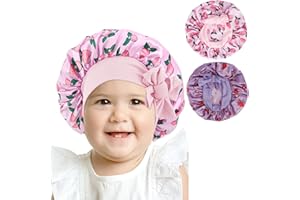 Arqumi Silk Satin Bonnet for Kids, 2Pcs Soft Baby Bonnet Sleeping Cap with Elastic Strap, Adjustable Night Cap Hair Bonnet for Toddler Child Teens Pattern Pink&Purple