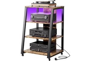 Lifewit 4 Estante Soporte Multimedia AV con Tomas de Corriente, Estantes Estéreo con Luces LED, Ruedas y Estantes Ajustables para Tocadiscos, Rolling Media Console, Media Tower Cabinet, Marrón Rústico