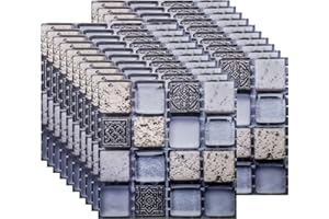 FBBULES 20PCS Tile Stickers, Self-Adhesive On Tile Peel Stick Wallpaper Heat Resistant Waterproof Backsplash for Living Room Kitchen Mosaic Style Gray (10 x 10cm / 4 x 4 inch)