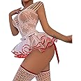 VicSec Sexy Lace Nightwear Set with Stockings See Through Babydoll Lingerie with Ballet Ruffle Dress Fishnet Stockings for Christmas New Year Valentine's Day