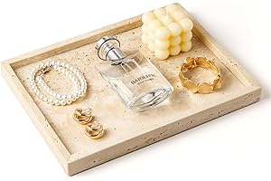 WORHE Travertine stone vanity Tray for Bathroom, Decorative for Perfume Cosmetic Candle, Dinngroom for table,Rectangle Tray for Kitchen Coffee Table Organizer,Decor Beige WH021