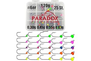 Paradox Fishing Zestaw haczyków jigowych z wolframu, 25 sztuk, 0,3 g - 1,2 g, po 5 sztuk #6, haczyki na pstrągi, gumowe przynęty, haczyki, spoons, przynęta na pstrągi