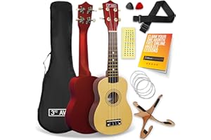 3rd Avenue Soprano Ukulele 21 Inch Beginner Pack Bundle – Bag, Stand, Strap, Strings, Picks and Fret Stickers – Natural with FREE 1 Month Online Lessons