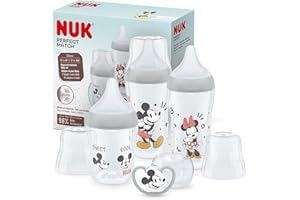 Set de biberones Perfect Match de NUK | +0-6 meses | Se adapta al bebé como el pecho de mama | 3 biberones anticólico y chupete Space | Mickey Mouse de Disney | 4 uds.