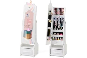 GYMAX Kids Jewelry Cabinet, Freestanding Girls Jewelry Organizer with Full-Length Mirror, Foldable Drawer and 2 Adjustable Tilt Angles, Wooden Princess Jewelry Armoire for Bedroom